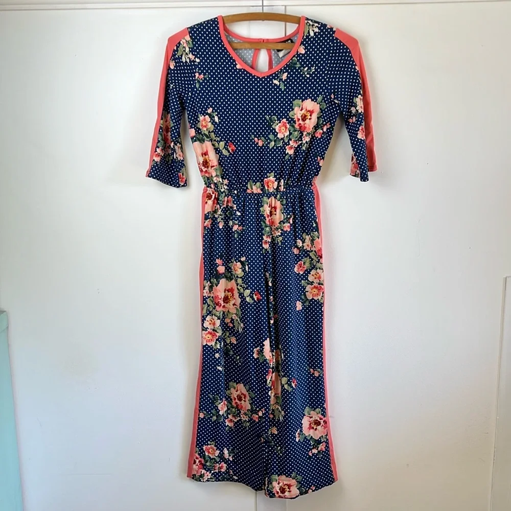 Navy Floral Polka Dot Kids Jumpsuit - Picture 2 of 6
